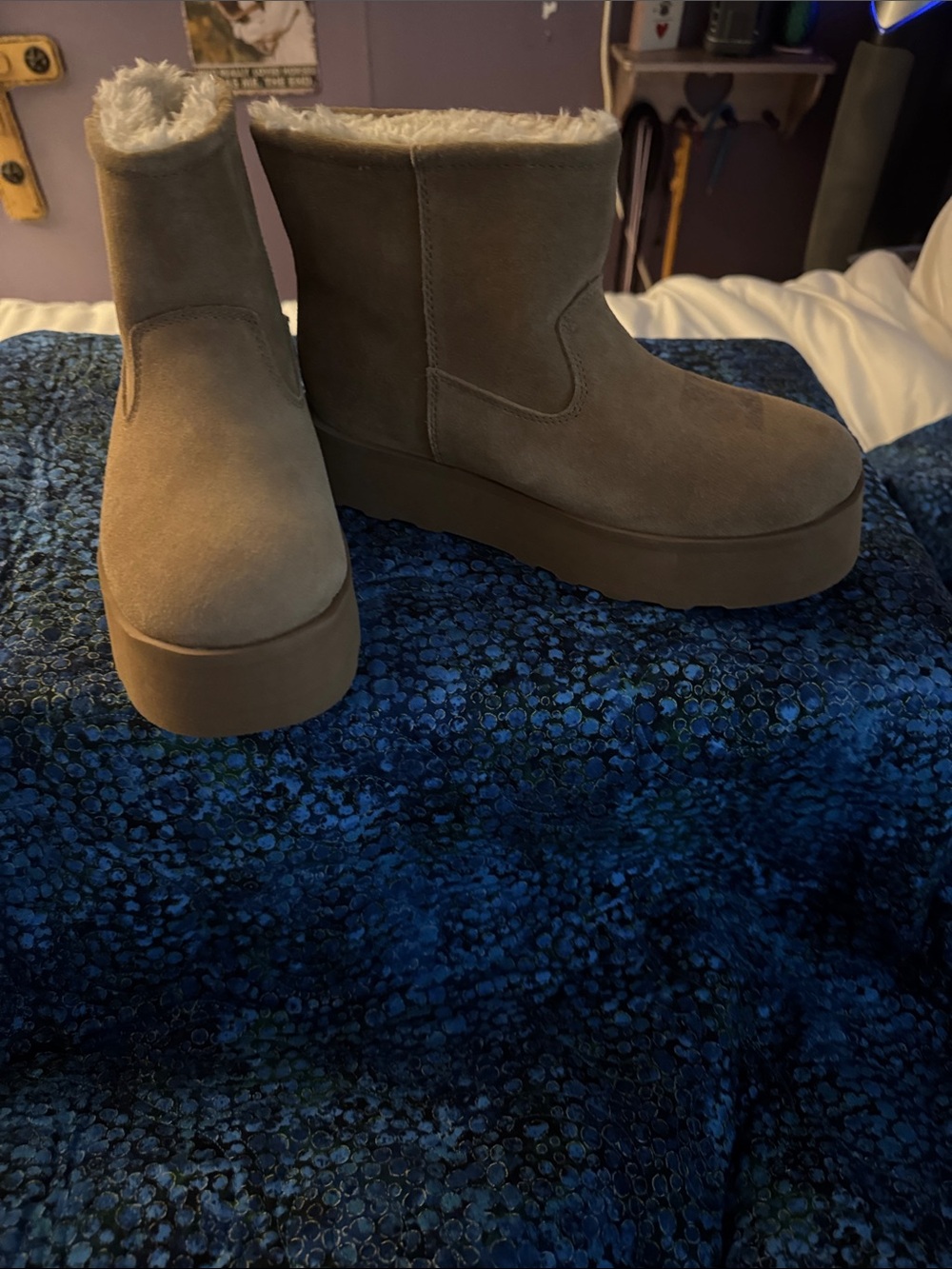 Womens Taupe Faux-Suede Platform Ankle Boots with Faux-Fur Lining